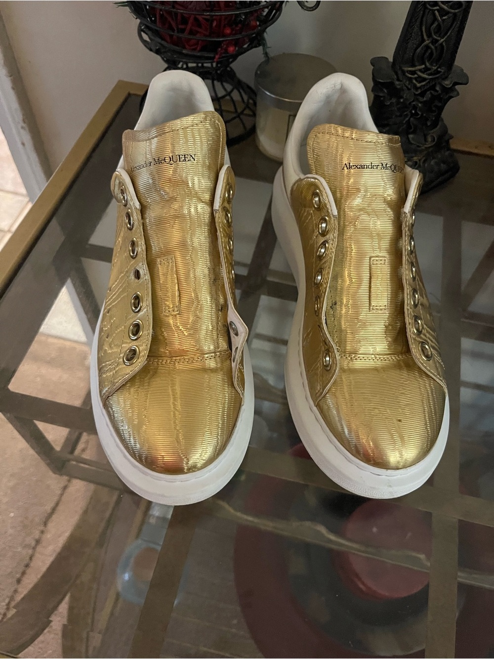Alexander McQueen Gold Metallic Platform Sneakers with White Heel size 38 - Picture 2 of 5